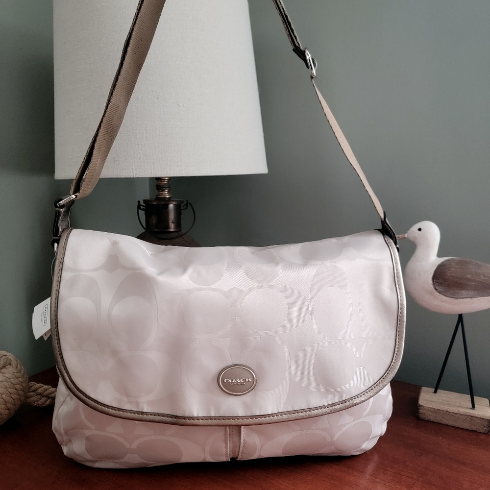 Coach F77490 Signature Metallic Bronze Nylon Leather Messenger Bag NWT Y2K